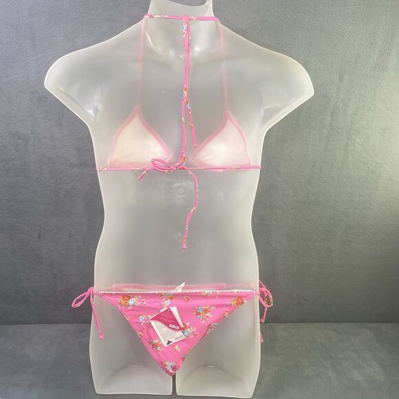 AGUA DOCE Brazilian 2-pc Bikini Size Large Pink Flowers Lace Trim Hip Tie - Picture 11 of 12